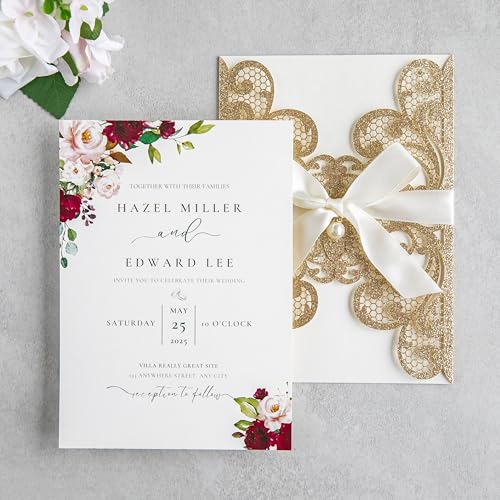 20Pcs Personalized Wedding Invitation, Customized Gold Glitter Laser Cut Invitation Cards With Envelopes Rhinestone Pearls and Ribbons For Wedding XV Anos Quinceanera Invitation - color: 20pcs-Customized Gold Glitter