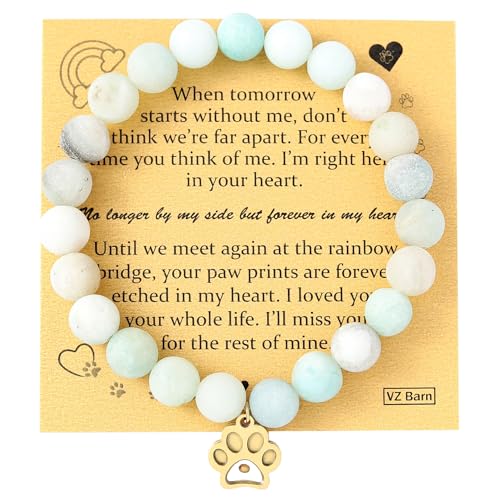 VZBarn Memorial Gifts for Loss of Pet’s Mom Pet Keepsake Dog Cat Paw Charm Natural Stone Bracelet Remembrance Gift for Women - color: Blue Golden