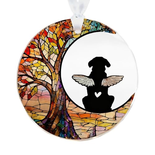 Dog Memorial Stained Glass Suncatcher, 3 Inch Pet Loss Sympathy Gift for Loss of Dog, Rainbow Bridge Dog Memorial Window Hanging Ornament with DIY Pet Name Pen, Dog Bereavement Gift - color: Life Tree