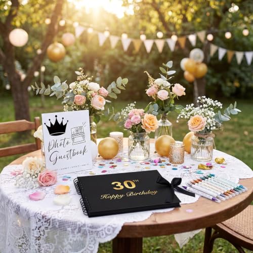AmazingSpark Birthday Guest Book Set Memory Photo Guest Book Black Gold Decoration Birthday Gift for Men Women Wood Signature Photoprop Party Supply Sign Picture Album for Party Event(30th) - size: 30th