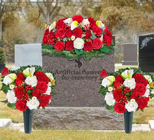Artificial Cemetery Flower with Vases for Grave Decoration, 3PC,Red Rose Carnation，Headstone Flower Saddle (Vases Included)