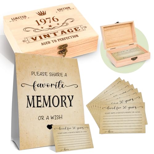 50th Birthday Party Share a Memory Set, 1976 Birthday Gifts for Women Men, 1976 Wooden Share A Memory Box with Memory Sign and 50 Pcs Memory Cards, 1976 Birthday Gifts, 50th Birthday Party Decorations - style: 50-1976