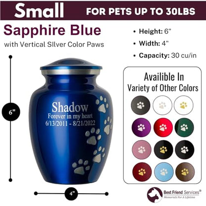 Ottillie Premier Sapphire/Pewter/Vert Urn, up to 25lbs - color: Sapphire Blue, Vertical Pewter Paws, size: Small