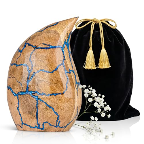 Wooden Teardrop Cremation Urns for Human Ashes - 80 Cubic Inches Funeral Memorial Urn for Adult Women & Men - Blue Decorative, Burial Urn for Male or Female Memorial Display - size: Teardrop Medium 80 Cu In