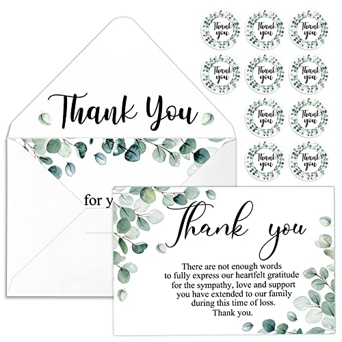 Marspark 25 Pack Funeral Thank You Cards Sympathy Envelopes, Leaves | Bereavement Message Memorial Postcards with Stickers, for Loved Ones Family Friends, Celebration of Life - style: Leaves