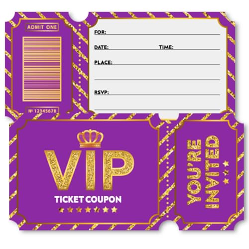 Purple Golden Vip Birthday Party Invitations, Movie VIP Invitations Card for Boys Girls (30 Cards & 30 Envelopes) - color: Purple Gold