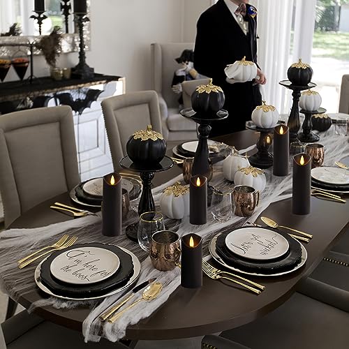 Homemory Black Flameless Candles, Halloween Candles, Battery Operated Candles, LED Pillar Candles with Remote Control and Timers, Set of 9 | Plastic shell, battery operated flickering c, les, dual remotes, indoor Halloween party, mantel, staircase , table
