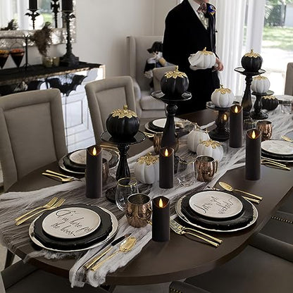 Homemory Black Flameless Candles, Halloween Candles, Battery Operated Candles, LED Pillar Candles with Remote Control and Timers, Set of 9 | Plastic shell, battery operated flickering c, les, dual remotes, indoor Halloween party, mantel, staircase , table