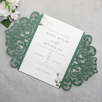 20Pcs Emerald Green Laser Cut Wedding Invitation Cards With Envelopes - color: Emerald Green