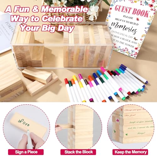 Beeveer 80 Pcs Wedding Guest Book Alternative Wooden Block Guest Book for Wedding Sign in Bridal Shower Decoration 54 Pcs Wooden Block Bridal Shower Game for Sign in, Reception(Wildflower) - style: Wildflower