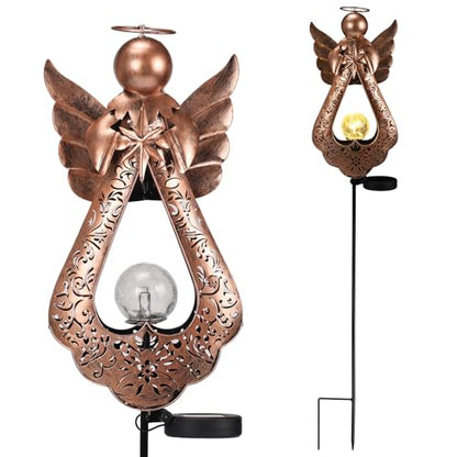 Edenseelake Angel Solar Lights Stake with Crackle Glass Globe Waterproof, Metal Garden Decor Stake LED Light, Memorial Gift for Mom, Women, Friends, Patio, Yard