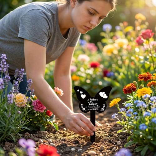 Acrylic Father Memorial Garden Stake, Butterfly Shaped Remembrance Plaque Stake for Cemetery Decorations, Grave Marker Waterproof Sympathy Garden Stake for Yard Grave