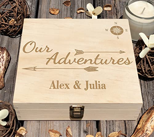 Our Adventures Box, 8.5 in x 8 in x 2.5 in, Wooden Keepsake & Memory Box, Unique Gift Idea, 5th, Custom Engraving - color: Custom Engraving