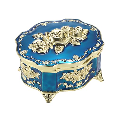 ELLDOO Vintage Music Box, Blue Metal Musical Jewelry Box Keepsake Box, Small Trinket Storage Organizer Jewelry Storage Box Gift for Girl Women (Tune: You are My Sunshine) - color: Blue
