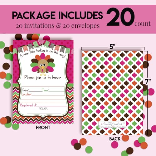 Little Turkey Girl Baby Shower Invitations, 20 5x7 Fill In Cards with Twenty White Envelopes by AmandaCreation Great for Birthdays around Thanksgiving - style: Little Turkey Girl