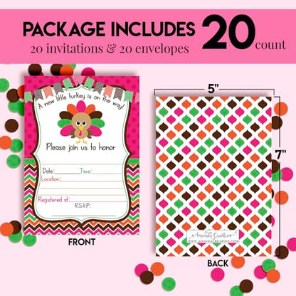 Little Turkey Girl Baby Shower Invitations, 20 5x7 Fill In Cards with Twenty White Envelopes by AmandaCreation Great for Birthdays around Thanksgiving - style: Little Turkey Girl