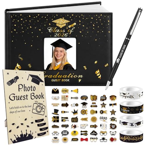8 pcs Graduation Guest Book Photo Sign Decorations in Book 80 Pages | with Pen Stickers Washi Tape Wooden Stand Signature Scrapbook for College Gifts