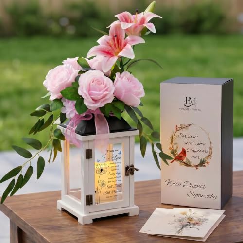 Memorial Lantern with Lily Rose Flower, Sympathy Gifts for Loss of Mom Dad Husband Wife, Memory Sympathy Gifts for Loss of Loved One - color: Those We Love/Pink