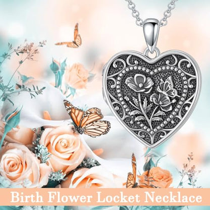 PELOVNY Birth Flower Locket Necklace for Women 925 Sterling Silver Flower Butterfly Heart Photo Locket Pendant Birthday Christmas Jewelry Gifts for Mom Daughter Wife Sister - color: 08-Poppy
