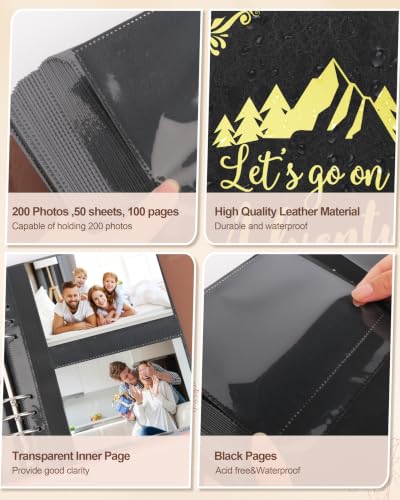 Leather Photo Album 4x6 200 Photos,Slip-in Photo Album Book with 50 Sheets, Travel Souvenir Diary Photo Book for Family Wedding Baby and Holiday Pictures - color: Black