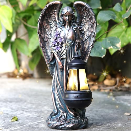 VChymm Solar Angel Outdoor Garden Decor Statues – 13.2 inches Solar Outdoor Sculptures for Outside Yard Art Patio Balcony Front Lawn Ornaments Gifts for Mom Grandma Women（Bronze） - color: Coppery