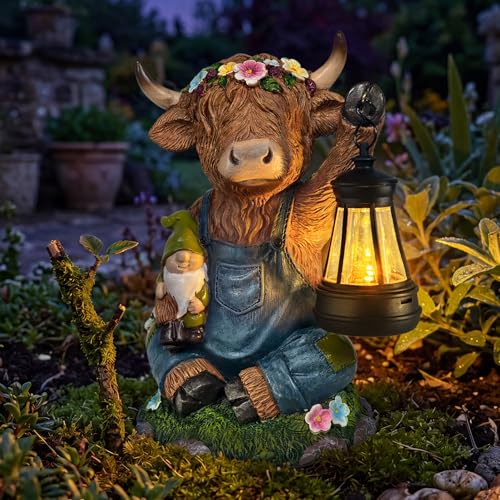Solar Highland Cow Outdoor Statues Garden Decor with LED Light | Cute Animal Figurine Funny Resin Decoration for Patio Lawn Yard Indoor Housewarming Gift for Women Mom - color: Highland Cow