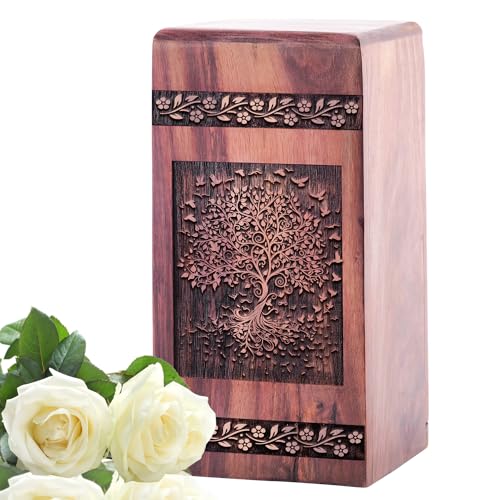 Tree of Life with Swirling Leaves Wooden Urn Box for Human Ashes - Large Wood Storage Urn - Ground Burial Urn - Resistant and Secure - Memorial Gifts - Funeral Urns - 11.25 Inches, Natural