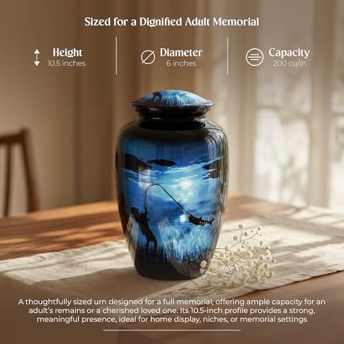 Large Gone Fishing Urn for Human Ashes Adult Male Female - 200 Cubic Inches Decorative Cremation Urn for Dad, Men - Full Size Blue Burial Urn with Velvet Bag and Easy-Fill Funnel - size: Large