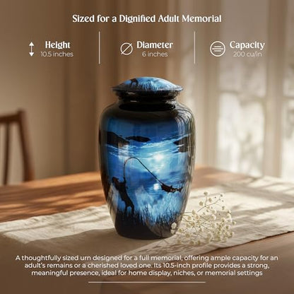 Large Gone Fishing Urn for Human Ashes Adult Male Female - 200 Cubic Inches Decorative Cremation Urn for Dad, Men - Full Size Blue Burial Urn with Velvet Bag and Easy-Fill Funnel - size: Large