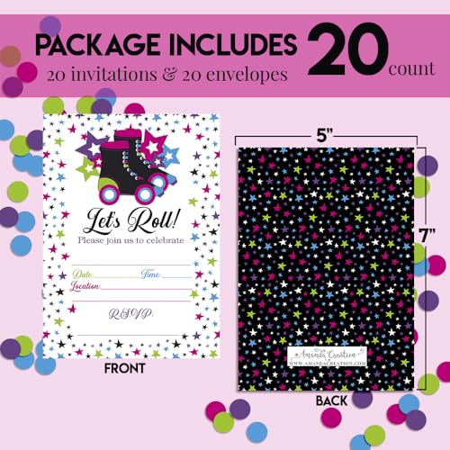 Let’s Roll Star Roller Skating Birthday Party Invitations, 20 5x7 Fill In Cards with Twenty White Envelopes by AmandaCreation - style: Let’s Roll Star Roller Skating