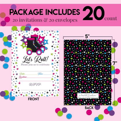 Let’s Roll Star Roller Skating Birthday Party Invitations, 20 5x7 Fill In Cards with Twenty White Envelopes by AmandaCreation - style: Let’s Roll Star Roller Skating