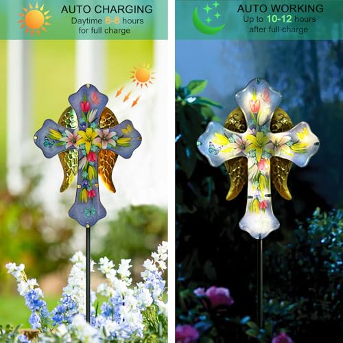 Solar Cross Garden Stake Lights,Metal Angel Wing & Acrylic Flowers Cross Solar Christmas Lights Outdoor,Waterproof Memorial Garden Decor for Cemetery,Grave,and Remembrance Gifts
