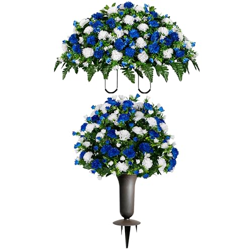 Sympathy Silks Artificial Cemetery Flowers - Gravesite Memorial Arrangment - Blue & White Garden Mums - (1) Saddle (1) Bouquet (1) Vase - color: Blue & White, size: (1) Saddle (1) Bouquet (1) Vase