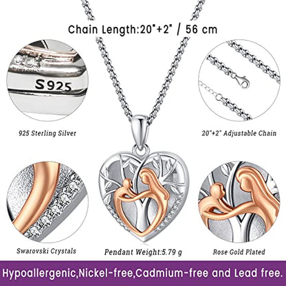 Picture Locket Necklace for Women Men Rose 14K Real Gold 925 Sterling Silver Jewelry Heart Locket Necklace that Holds Pictures Tree of Life Viking Wolf Celtic Knot St Christopher St Michael Pendant - color: B-mother and child-Rose Gold