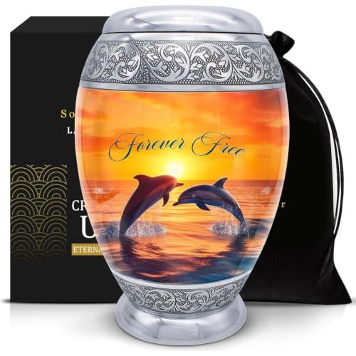 Dolphin Urns for Human Ashes Adult Female – Memorial Urn | Holds Up to 200 Cu In, Secure Screw-Top Lid, Premium Aluminum, Elegant Dolphin Design, Velvet Bag & Gift Box Included