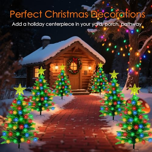 2 Pack 3.6Ft Solar Christmas Tree with 100 Snowflake Lights, Waterproof Christmas Decorations Outdoor, Solar Christmas Lights Outdoor Xmas Tree for Yard, Pathway, Porch, Cemetery, Holiday Decor