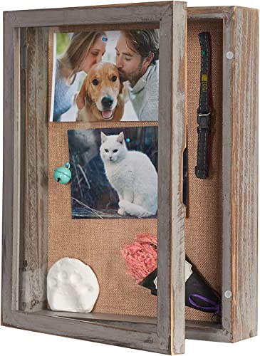 Pet Shadow Box 11x14, Large Frame with Magnetic Door, Rustic Wood Deep Memory Display for Picture Photo Memorabilia Flowers Bouquet Keepsake Wedding Awards Medals-Gray, HUI-03-01 | Pet Memorial Display Case, Deep Rustic Wood Shadow Box with Magnetic Door