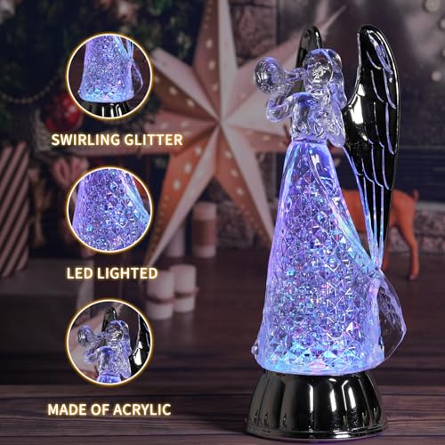 12" Angel Snow Globe Christmas Decor Light up Angel Figurines with 6 Hour Timer USB/Battery Operated Snowglobes with Silver Angels Wings