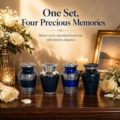 Small Cremation Urns for Human Ashes, Set of 4 Mini Keepsake Urns, Decorative Memorial Urns with Velvet Presentation Box for Family Sharing