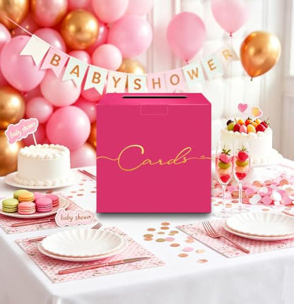 HEIPINIUYE Hot Pink Wedding Card Box with Gold Foil 9.8" x 9.8" Pink Large Gift Card Box for Party Wedding Reception Graduation Birthday Baby Shower Cardboard Raffle Envelope Box with Slot - color: Hot Pink Card Box with Gold Foil