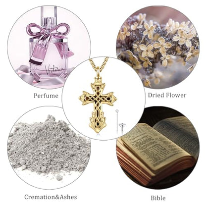 925 Sterling Silver Celtic Cross Urn Necklace for Ashes | Memorial Keepsake Cremation Catholic Jewelry for Men Women - color: gold-e