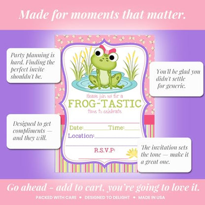 Amanda Creation Frog Birthday Invitations for Girls, 20 Pack 5x7 Fill-In Frog Party Invitations with White Envelopes, Cute Green Animal Birthday Cards, Made in USA - color: Little Frog