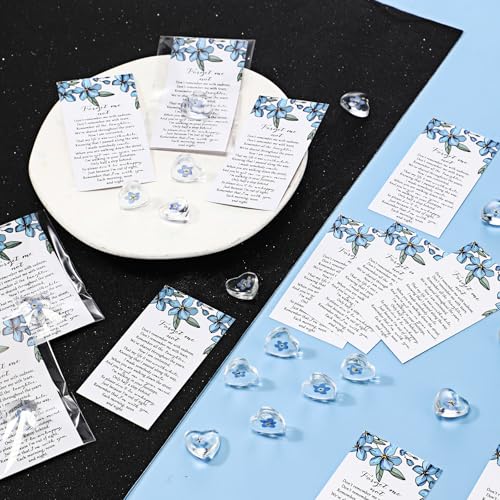 50 Sets Forget-me-not Flower Gift Set, Heart-shaped Dried Pressed Flower Keepsakes with Sympathy Cards and Bags, Memorial Remembrance Tokens for Funeral, Wedding, Baptism Ornament Favors - style: Forget-me-not Flower