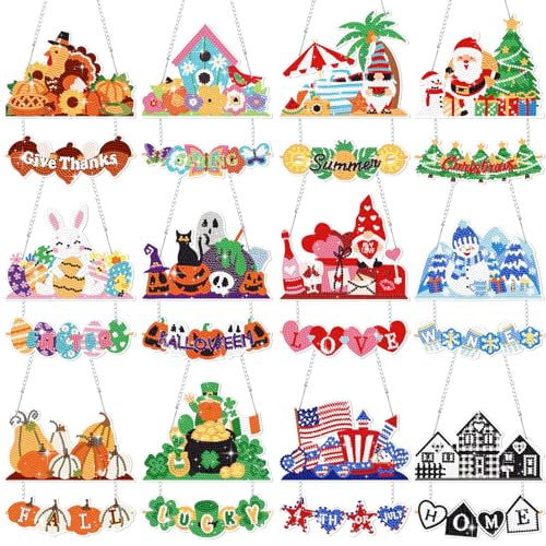 Cinnvoice Seasonal Diamond Art Hanging Kit,12 Pcs,Holiday | Holiday Diamond Art Wreath Ornament, Month Gem Hanging Sign, Festival Crystal Suncatcher, for Door Window Wall Home Decor - style: Holiday