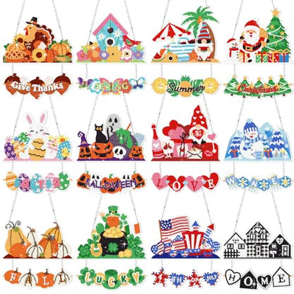Cinnvoice Seasonal Diamond Art Hanging Kit,12 Pcs,Holiday | Holiday Diamond Art Wreath Ornament, Month Gem Hanging Sign, Festival Crystal Suncatcher, for Door Window Wall Home Decor - style: Holiday