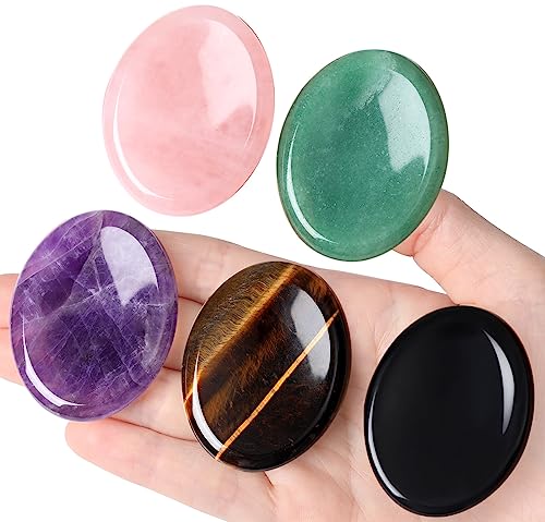 QINJIEJIE 5PCS Worry Stone for Anxiety Crystals Thumb Stones Pocket Gemstones Meditation Accessories Oval Shaped Crystal Natural Reiki Relax Therapy Palm Stone Relief Sets Spiritual Gifts for Kids - color: E-amethyst& Rose Quartz& Green Aventurine& Tiger