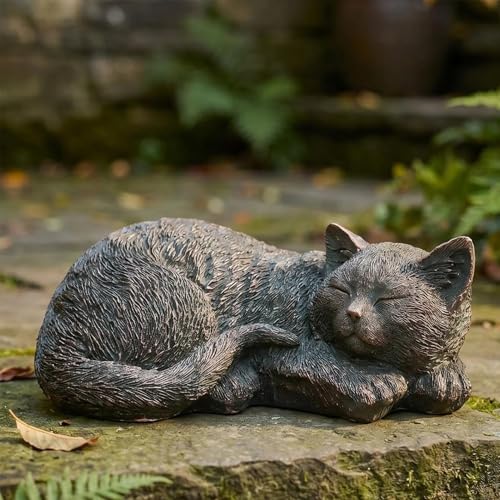 11.4 inch Cat Statue Outdoor Garden Decor, Bronze Resin Sculpture Sleeping Cat Statues Indoor Outdoor Decor for Garden Patio Yard Lawn, Unique Pet Memorial Ornament, Thoughtful Keepsake Gift for Mom - color: E-sleeping Cat(cooper)