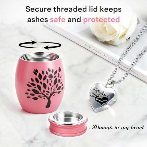 Small Urns for Human Ashes Keepsake - 1.6" Pink Mini Cremation Urn with Necklace Heart Box - Very Feminine Pretty Tiny Funeral Urn - Little Miniature Urn Memorial Gift for Baby Mom Sister Women Female - color: Pink