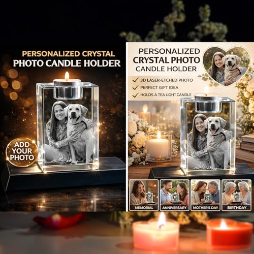Personalized 3D Crystal Photo Candle Holder, Custom Memorial Sympathy Gift - color: Candleholder, size: Small