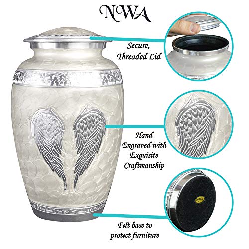 White Angel Wings Funeral Cremation Urn with Matching Keepsake, Velvet Bag and Personalization (Pearl White, Large) - color: Pearl White, size: Large